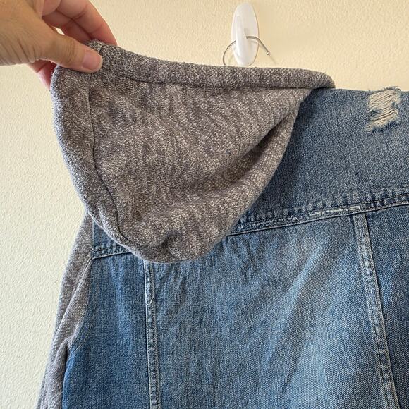 Free People Denim Sweater Jacket Colorblock Women Size M Blue Gray Raw Edge - Picture 10 of 13
